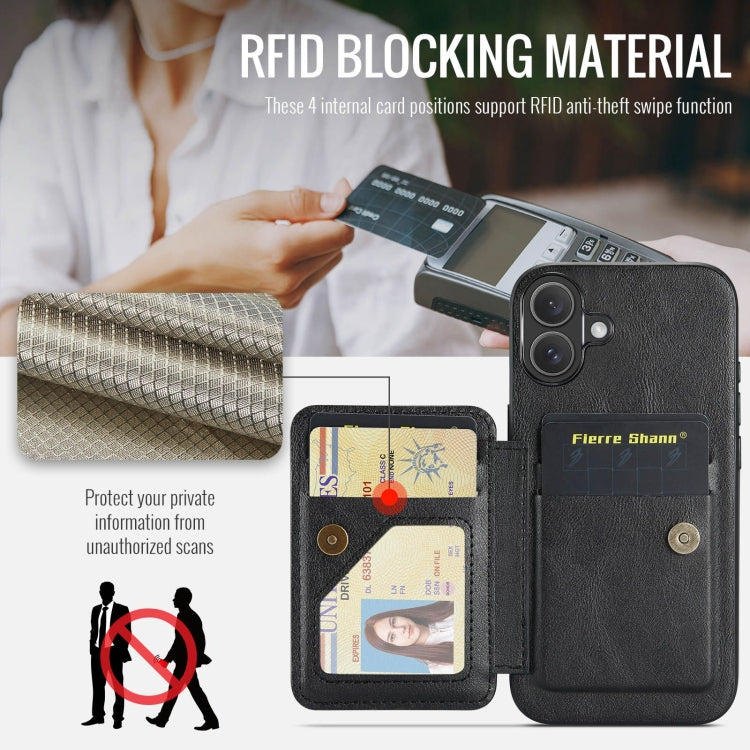 For iPhone 16 Plus Fierre Shann Oil Wax Cow Leather Card Holder Back Phone Case