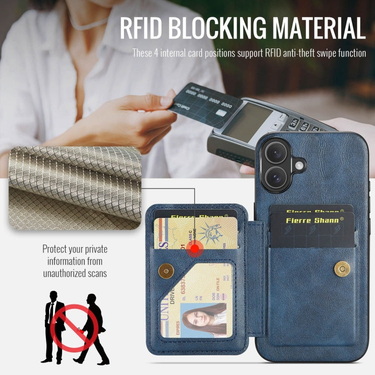 For iPhone 16 Plus Fierre Shann Oil Wax Cow Leather Card Holder Back Phone Case