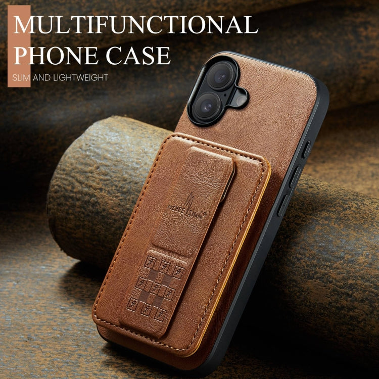 For iPhone 16 Plus Fierre Shann Oil Wax Cow Leather Card Holder Back Phone Case