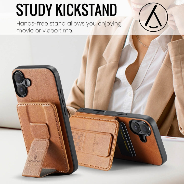 For iPhone 16 Plus Fierre Shann Oil Wax Cow Leather Card Holder Back Phone Case