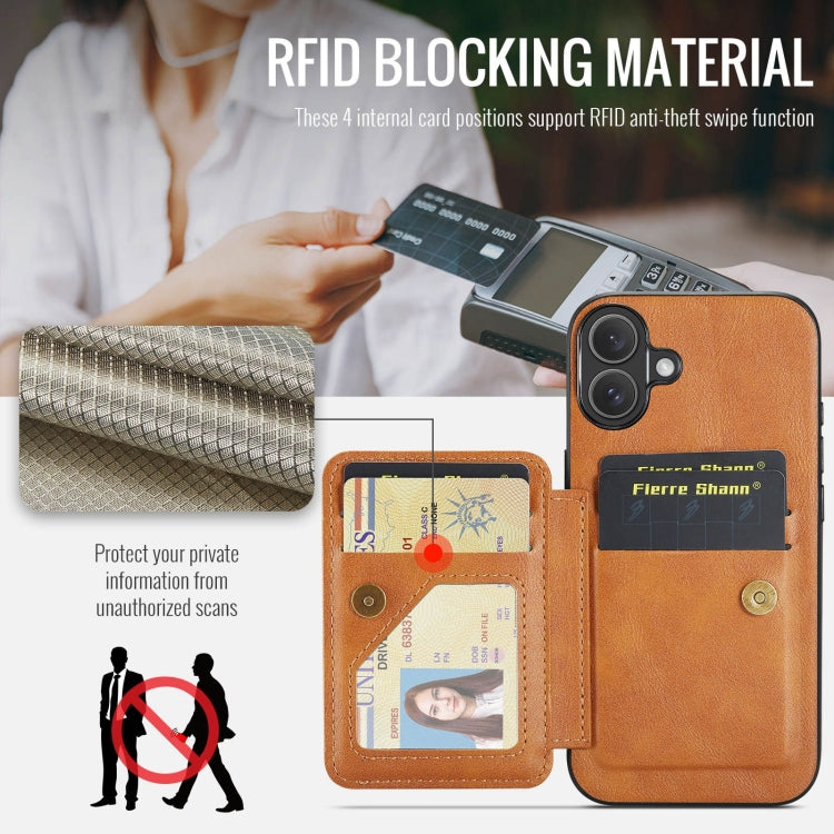 For iPhone 16 Plus Fierre Shann Oil Wax Cow Leather Card Holder Back Phone Case