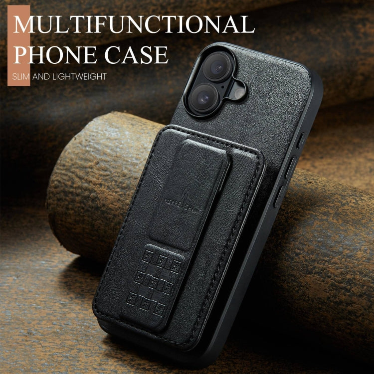 For iPhone 16 Fierre Shann Oil Wax Cow Leather Card Holder Back Phone Case