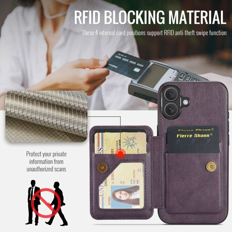 For iPhone 16 Fierre Shann Oil Wax Cow Leather Card Holder Back Phone Case
