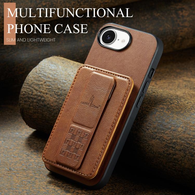 For iPhone 17e / 16e Fierre Shann Oil Wax Cow Leather Card Holder Back Phone Case