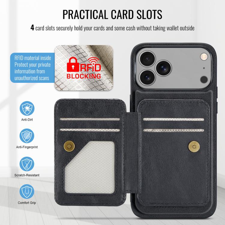 For iPhone 17 Pro Max Fierre Shann Oil Wax Cow Leather Card Holder Back Phone Case