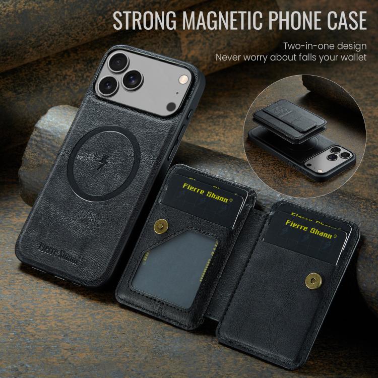 For iPhone 17 Pro Max Fierre Shann Oil Wax Cow Leather Card Holder Back Phone Case