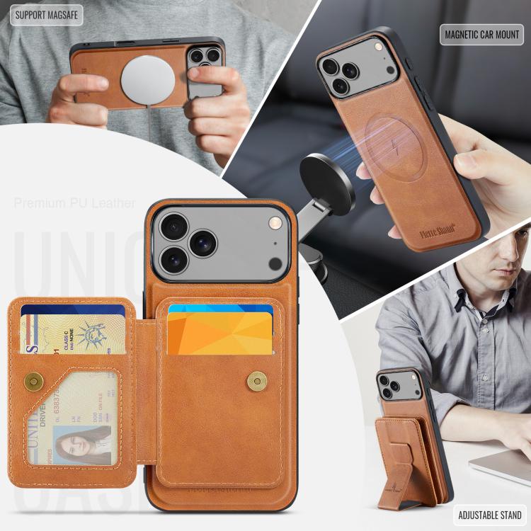 For iPhone 17 Pro Max Fierre Shann Oil Wax Cow Leather Card Holder Back Phone Case