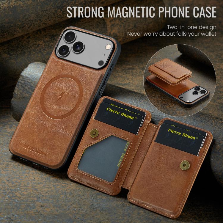 For iPhone 17 Pro Max Fierre Shann Oil Wax Cow Leather Card Holder Back Phone Case