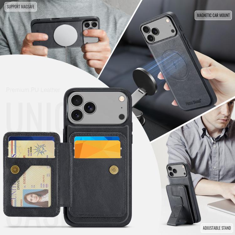 For iPhone 17 Pro Fierre Shann Oil Wax Cow Leather Card Holder Back Phone Case
