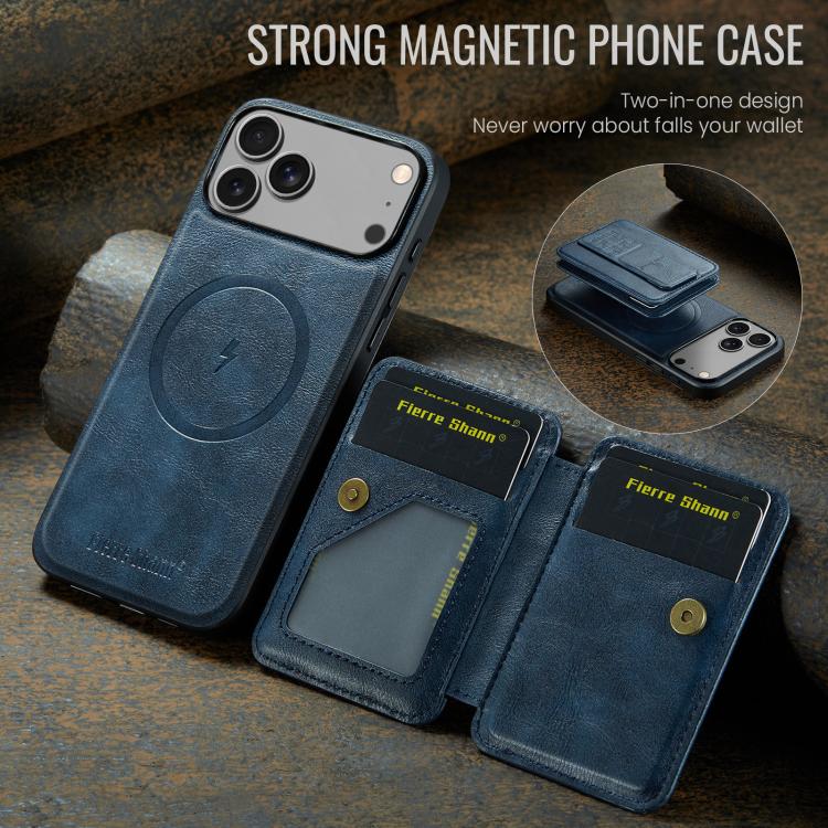 For iPhone 17 Pro Fierre Shann Oil Wax Cow Leather Card Holder Back Phone Case