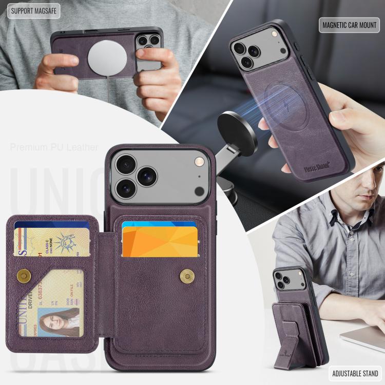 For iPhone 17 Pro Fierre Shann Oil Wax Cow Leather Card Holder Back Phone Case