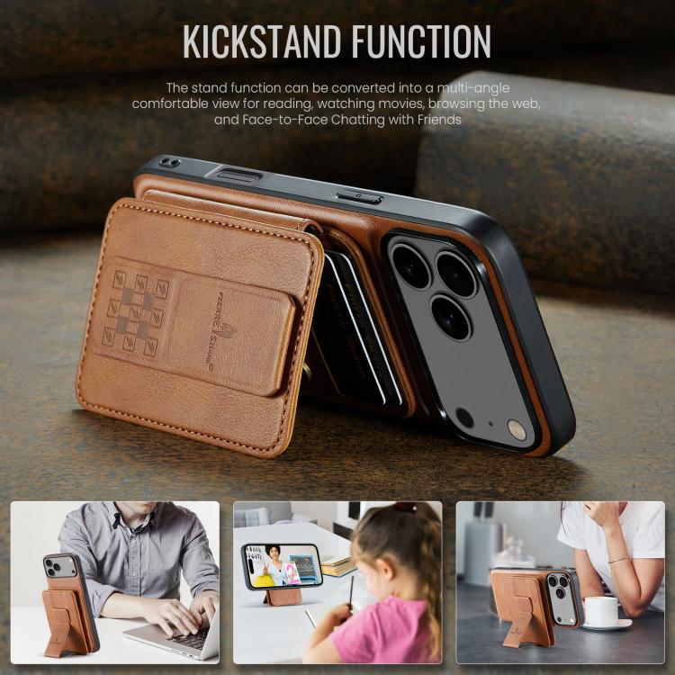 For iPhone 17 Pro Fierre Shann Oil Wax Cow Leather Card Holder Back Phone Case