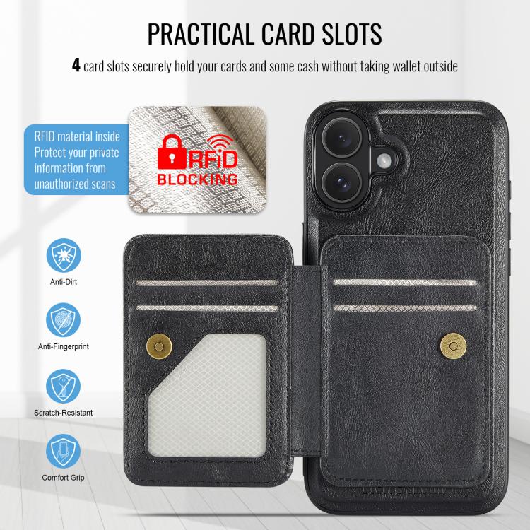 For iPhone 17 Fierre Shann Oil Wax Cow Leather Card Holder Back Phone Case