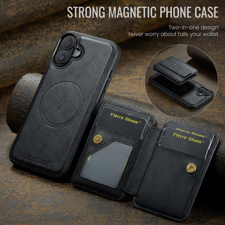 For iPhone 17 Fierre Shann Oil Wax Cow Leather Card Holder Back Phone Case