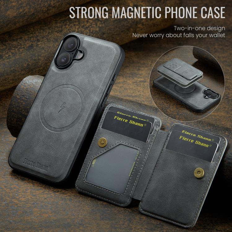 For iPhone 17 Fierre Shann Oil Wax Cow Leather Card Holder Back Phone Case