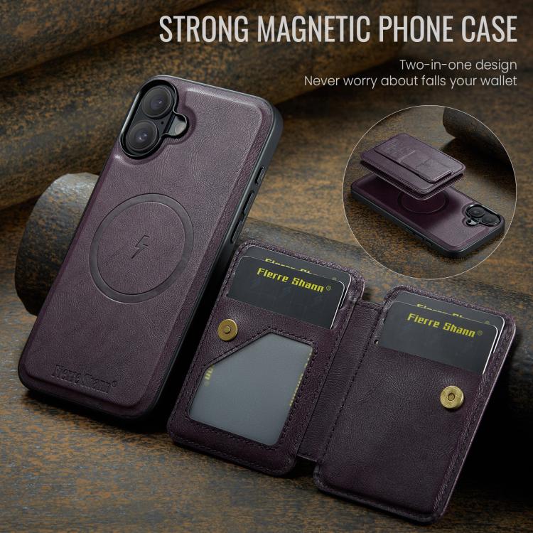 For iPhone 17 Fierre Shann Oil Wax Cow Leather Card Holder Back Phone Case