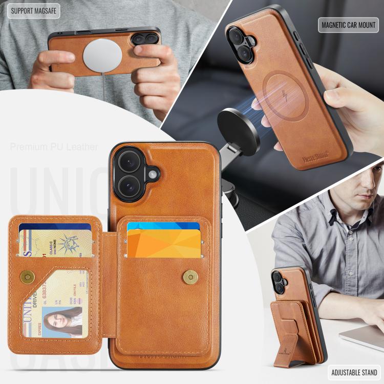 For iPhone 17 Fierre Shann Oil Wax Cow Leather Card Holder Back Phone Case