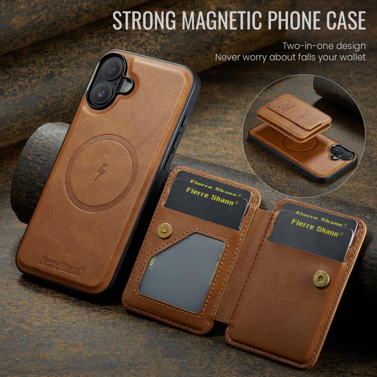 For iPhone 17 Fierre Shann Oil Wax Cow Leather Card Holder Back Phone Case
