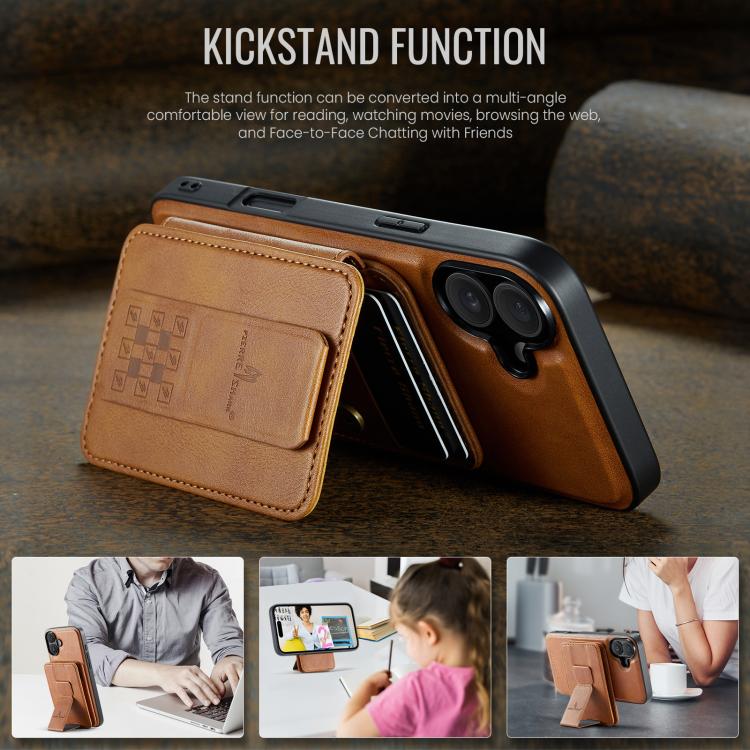 For iPhone 17 Fierre Shann Oil Wax Cow Leather Card Holder Back Phone Case