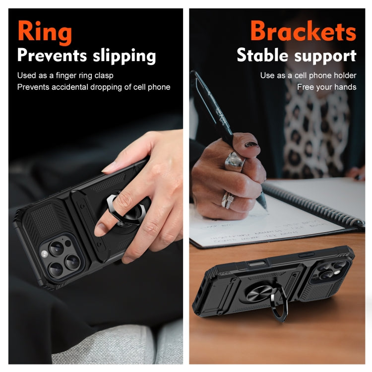 For iPhone 16 Plus TPU+PC Shockproof Card Phone Case with Metal Ring Holder