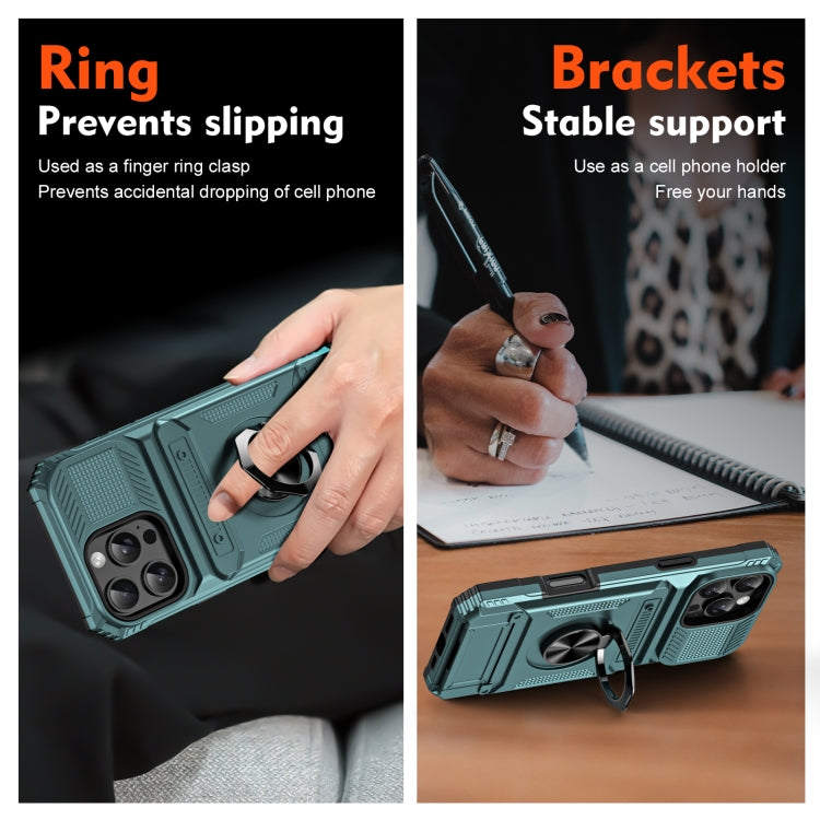 For iPhone 16 Pro TPU+PC Shockproof Card Phone Case with Metal Ring Holder