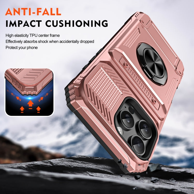 For iPhone 16 Pro Max TPU+PC Shockproof Card Phone Case with Metal Ring Holder