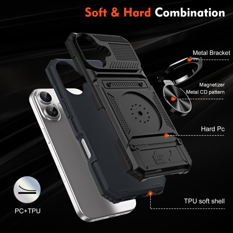For iPhone 17 TPU+PC Shockproof Card Phone Case with Metal Ring Holder
