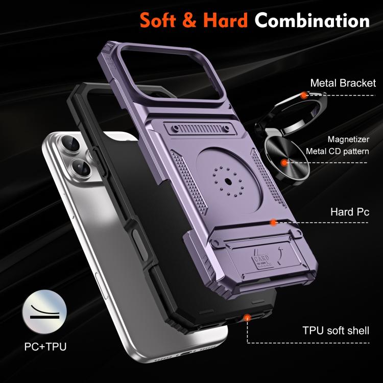 For iPhone 17 Pro TPU+PC Shockproof Card Phone Case with Metal Ring Holder