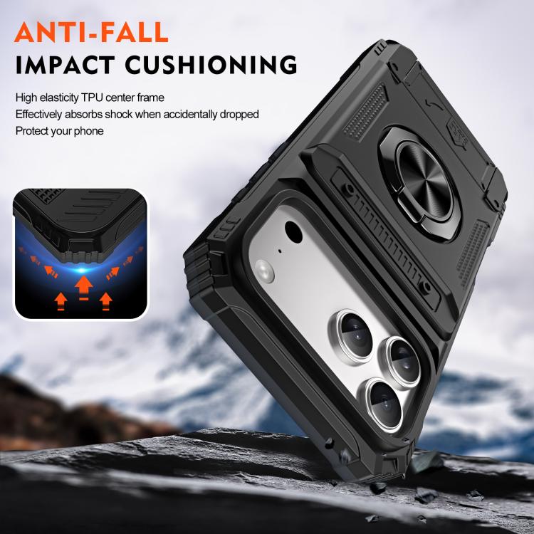For iPhone 17 Pro TPU+PC Shockproof Card Phone Case with Metal Ring Holder