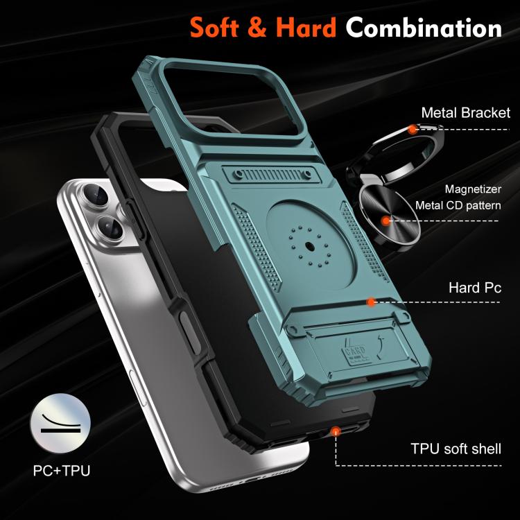 For iPhone 17 Pro TPU+PC Shockproof Card Phone Case with Metal Ring Holder