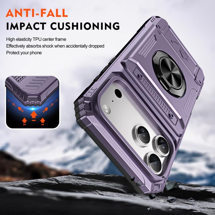 For iPhone 17 Pro Max TPU+PC Shockproof Card Phone Case with Metal Ring Holder