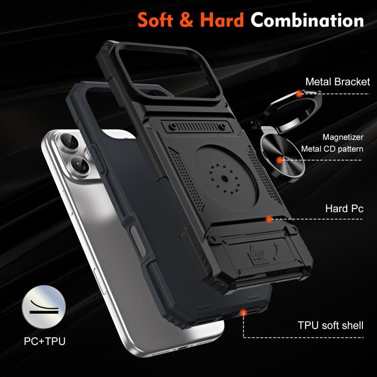 For iPhone 17 Pro Max TPU+PC Shockproof Card Phone Case with Metal Ring Holder