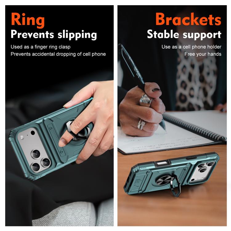 For iPhone 17 Pro Max TPU+PC Shockproof Card Phone Case with Metal Ring Holder