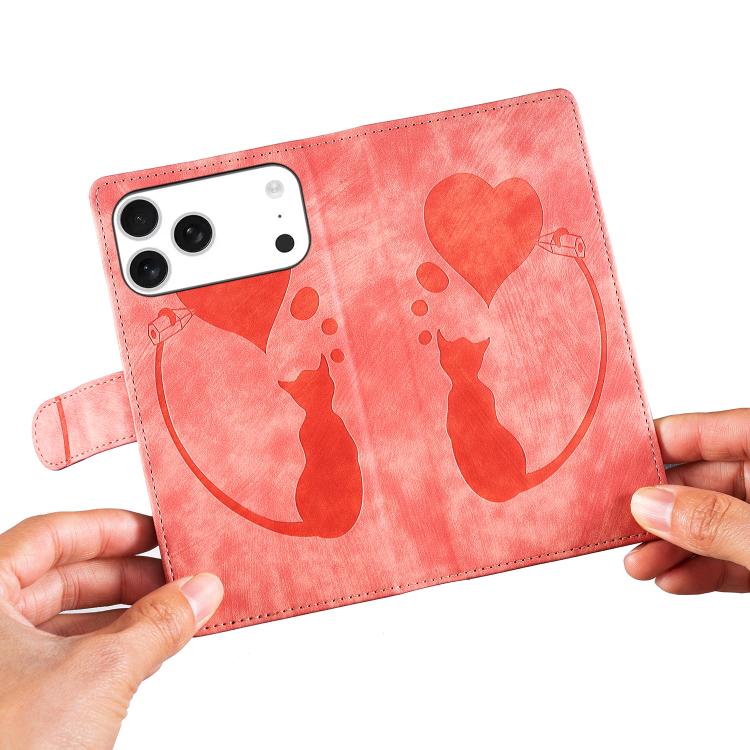 For iPhone 17 Pro Max Pen Heart Cat Embossed Leather Phone Case