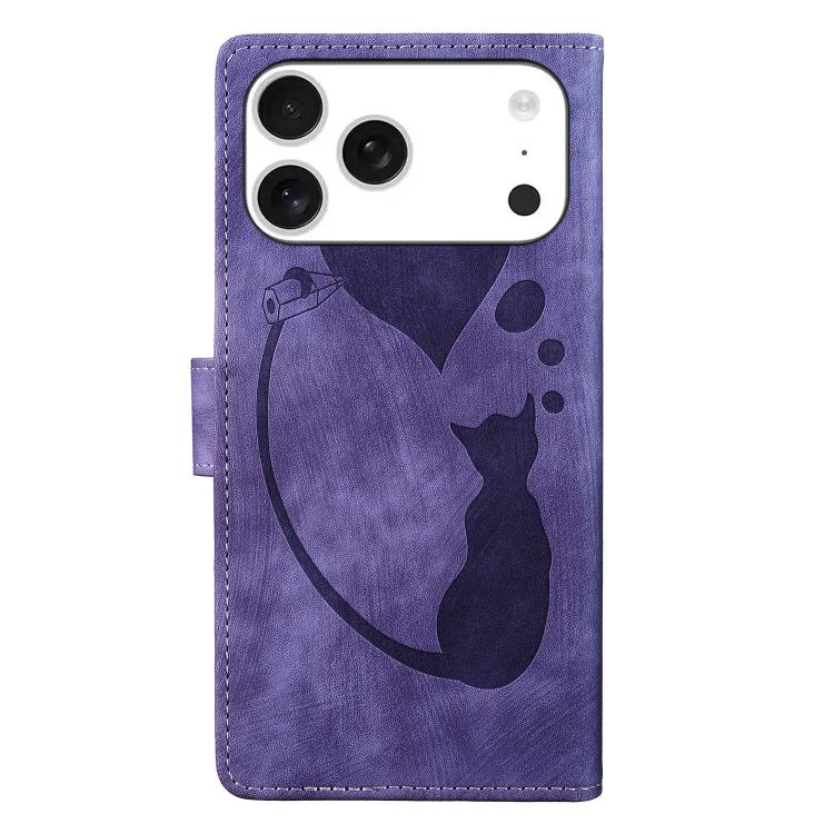 For iPhone 17 Pro Max Pen Heart Cat Embossed Leather Phone Case