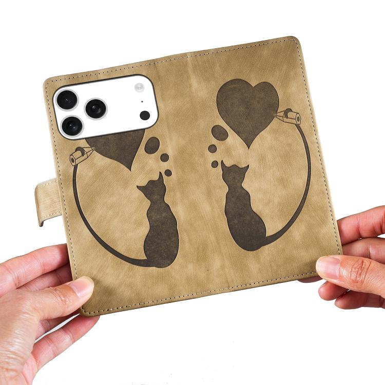 For iPhone 17 Pro Max Pen Heart Cat Embossed Leather Phone Case