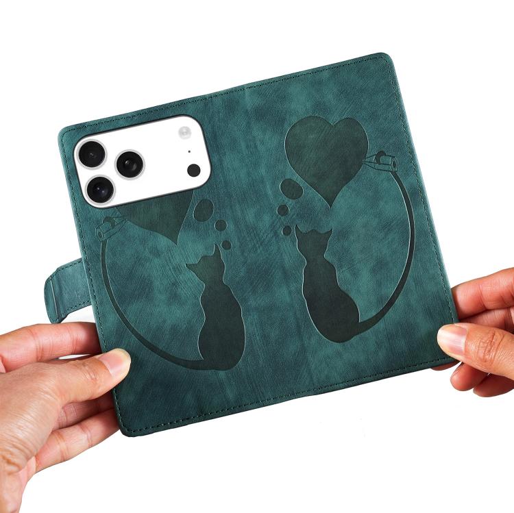For iPhone 17 Pro Max Pen Heart Cat Embossed Leather Phone Case