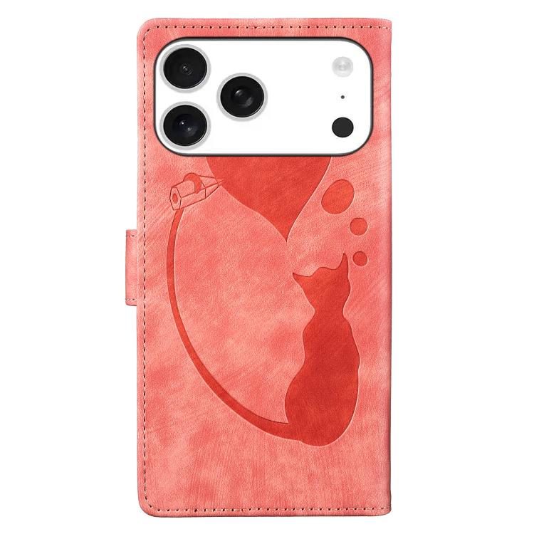 For iPhone 17 Pro Pen Heart Cat Embossed Leather Phone Case