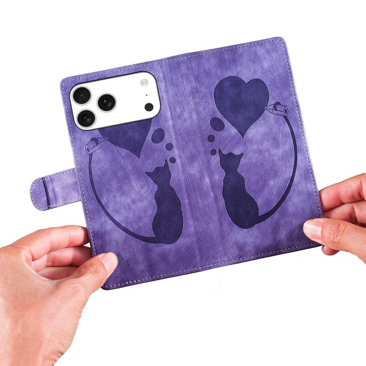 For iPhone 17 Pro Pen Heart Cat Embossed Leather Phone Case