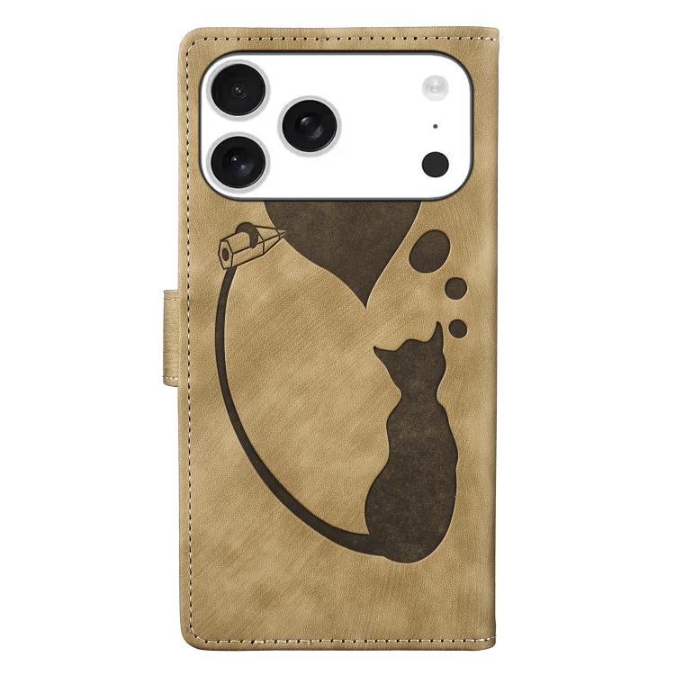 For iPhone 17 Pro Pen Heart Cat Embossed Leather Phone Case