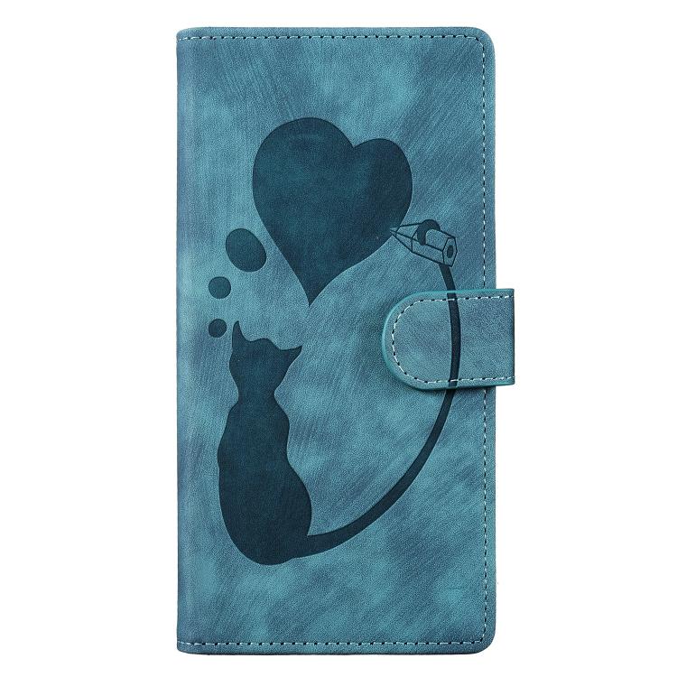For iPhone 17 Pro Pen Heart Cat Embossed Leather Phone Case