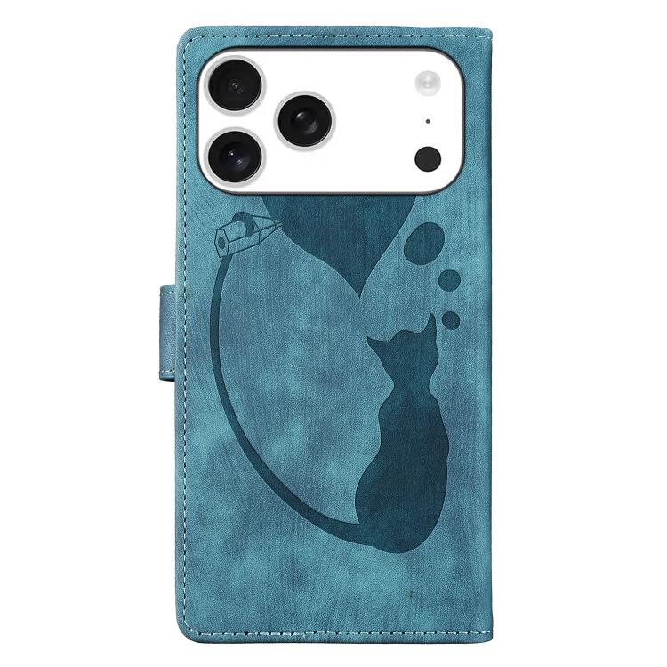 For iPhone 17 Pro Pen Heart Cat Embossed Leather Phone Case