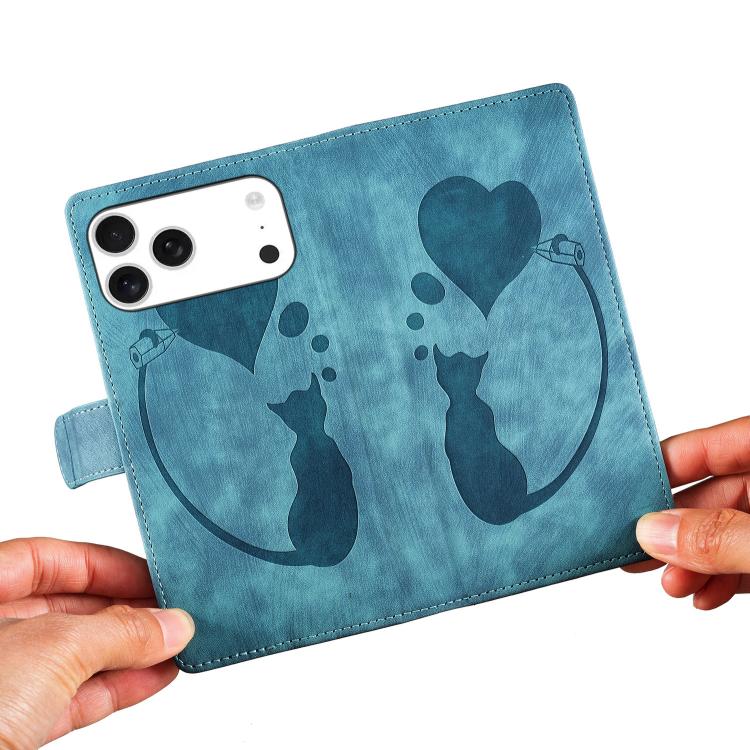 For iPhone 17 Pro Pen Heart Cat Embossed Leather Phone Case
