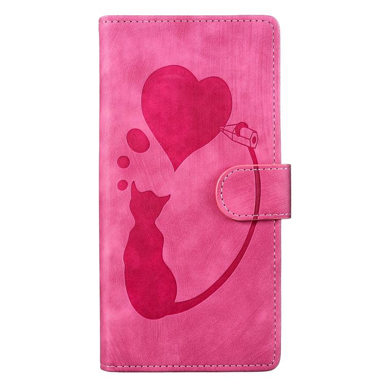 For iPhone 17 Pro Pen Heart Cat Embossed Leather Phone Case
