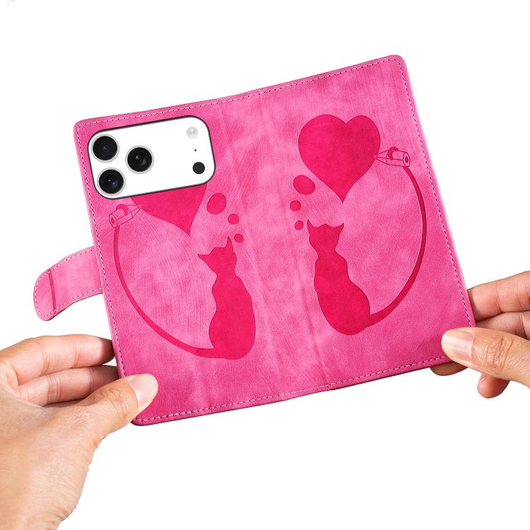 For iPhone 17 Pro Pen Heart Cat Embossed Leather Phone Case