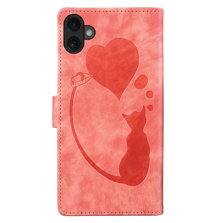 For iPhone 17 Pen Heart Cat Embossed Leather Phone Case