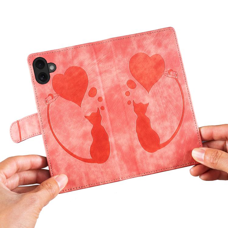 For iPhone 17 Pen Heart Cat Embossed Leather Phone Case