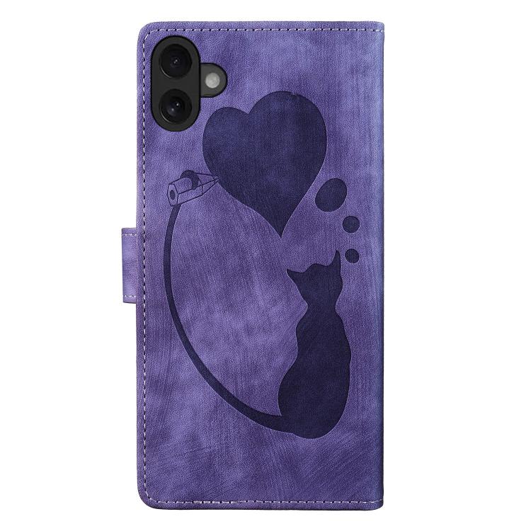 For iPhone 17 Pen Heart Cat Embossed Leather Phone Case