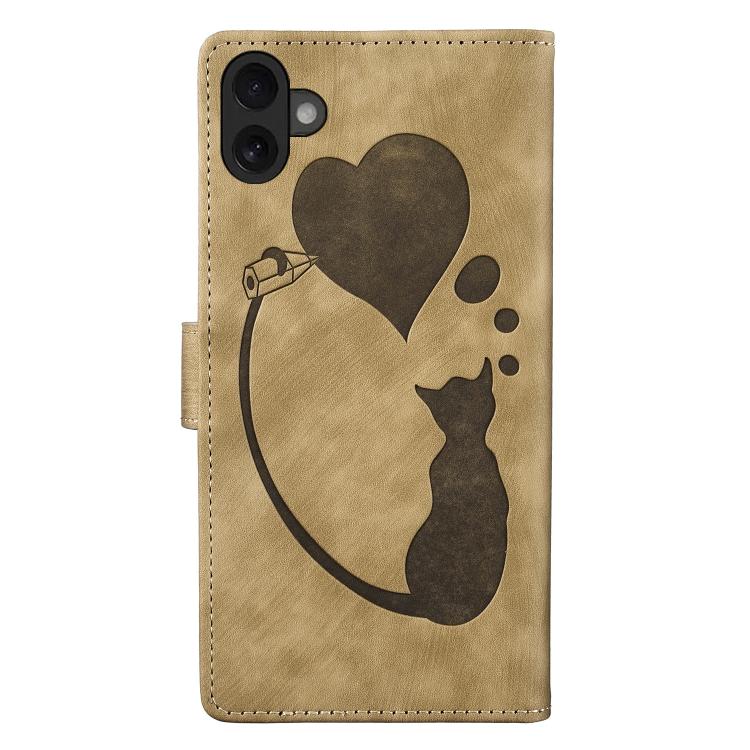 For iPhone 17 Pen Heart Cat Embossed Leather Phone Case
