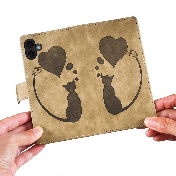 For iPhone 17 Pen Heart Cat Embossed Leather Phone Case